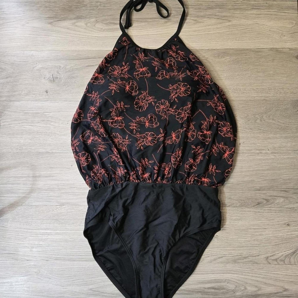 Calvin Klein Women's Black Coral Floral Halter Blouson Swimsuit-one-piece